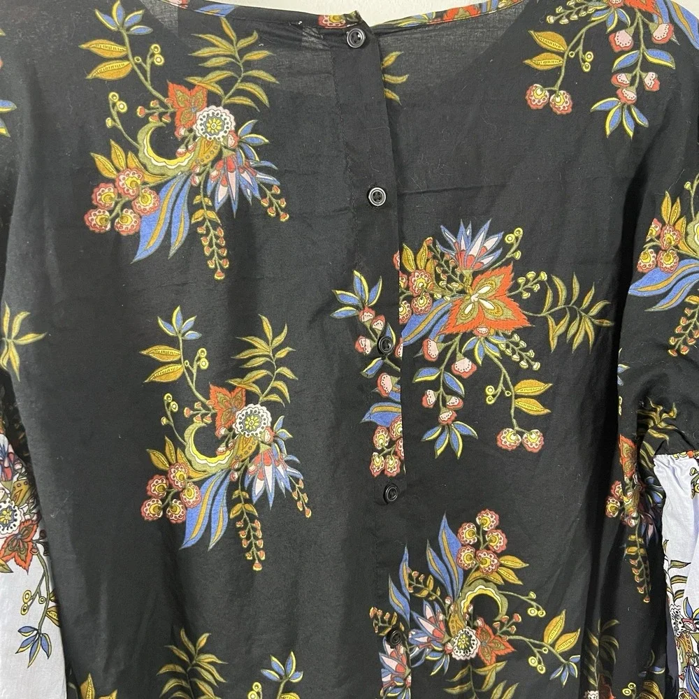 LOFT Womens Black Floral Cotton Puff Sleeve Button Back Blouse Top‎ Small
